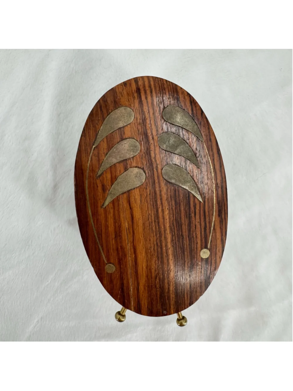 Midcentury Wood Brass Inlaid Desk Cup Pencil Holder Oval Artisan Vintage